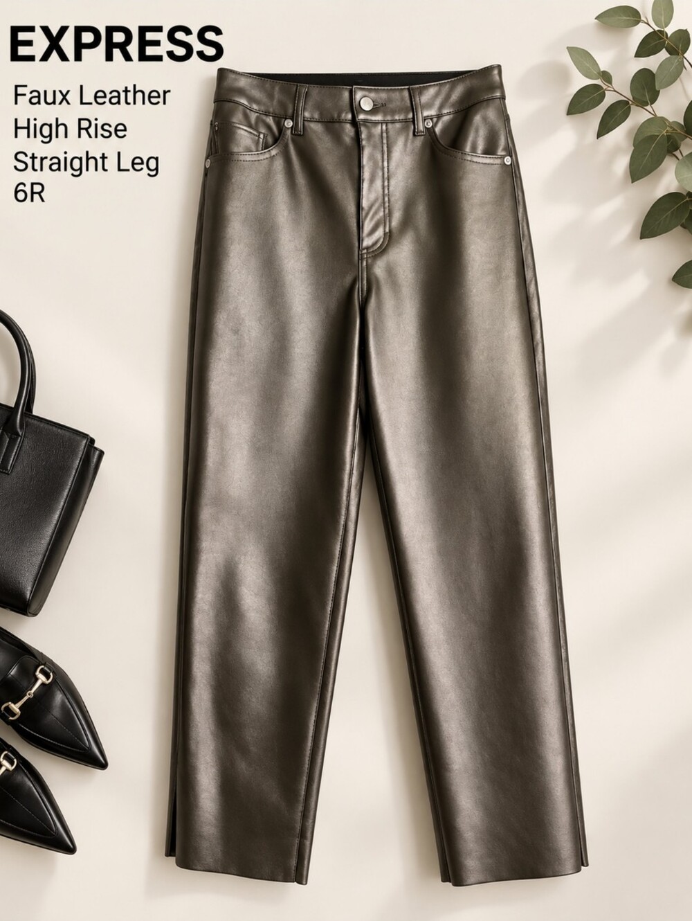 EUC Express Metallic Color Faux Leather Super High Rise Straight Leg Pants, 6R